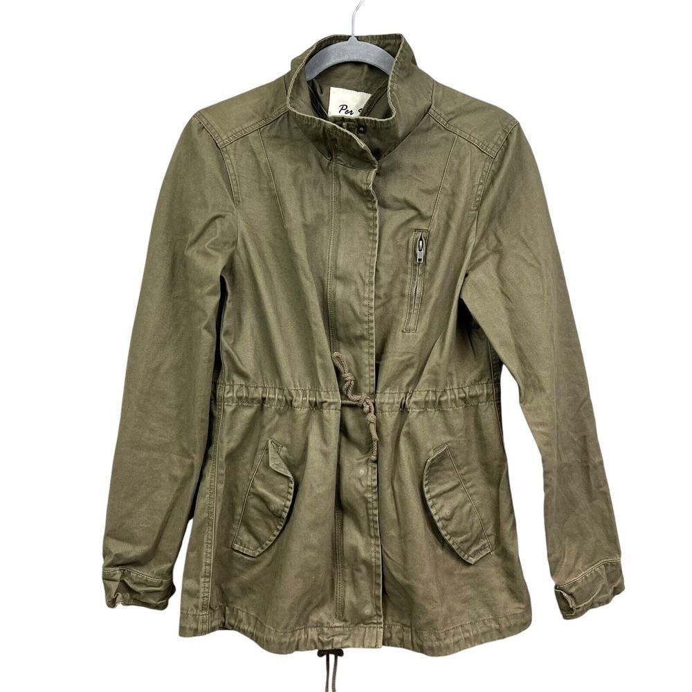 Per Se Womens Utility Jacket Mock Neck Drawstring Waist Army Green Pockets Sz S*